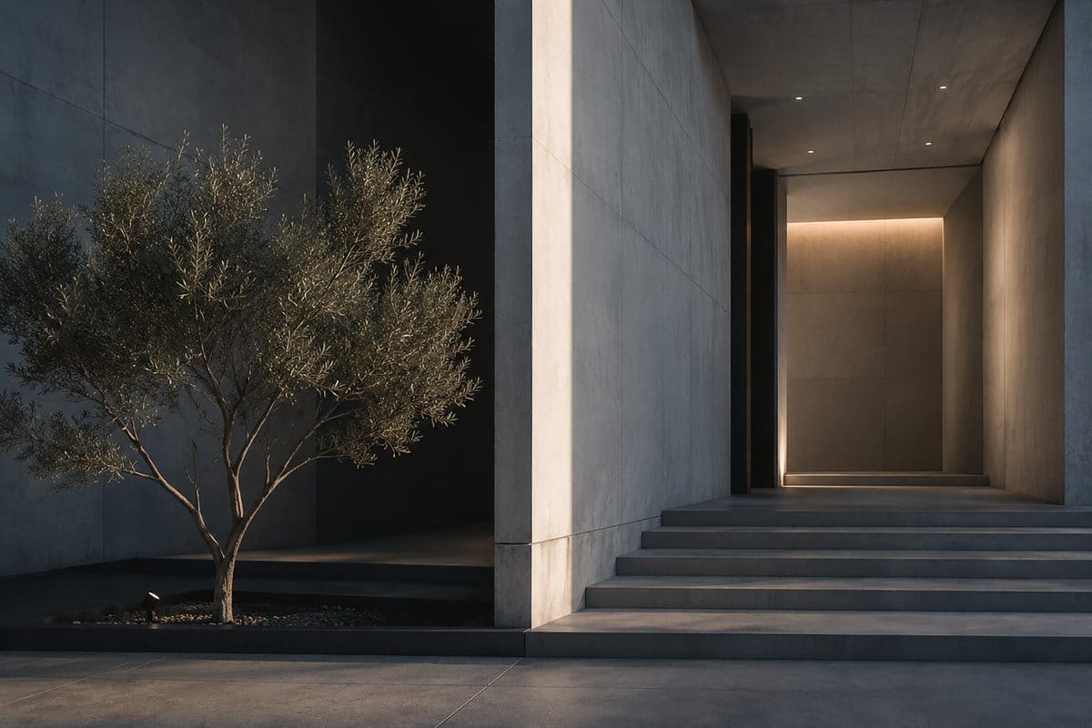 Eingangsbereich mit Olivenbaum und Betonarchitektur
