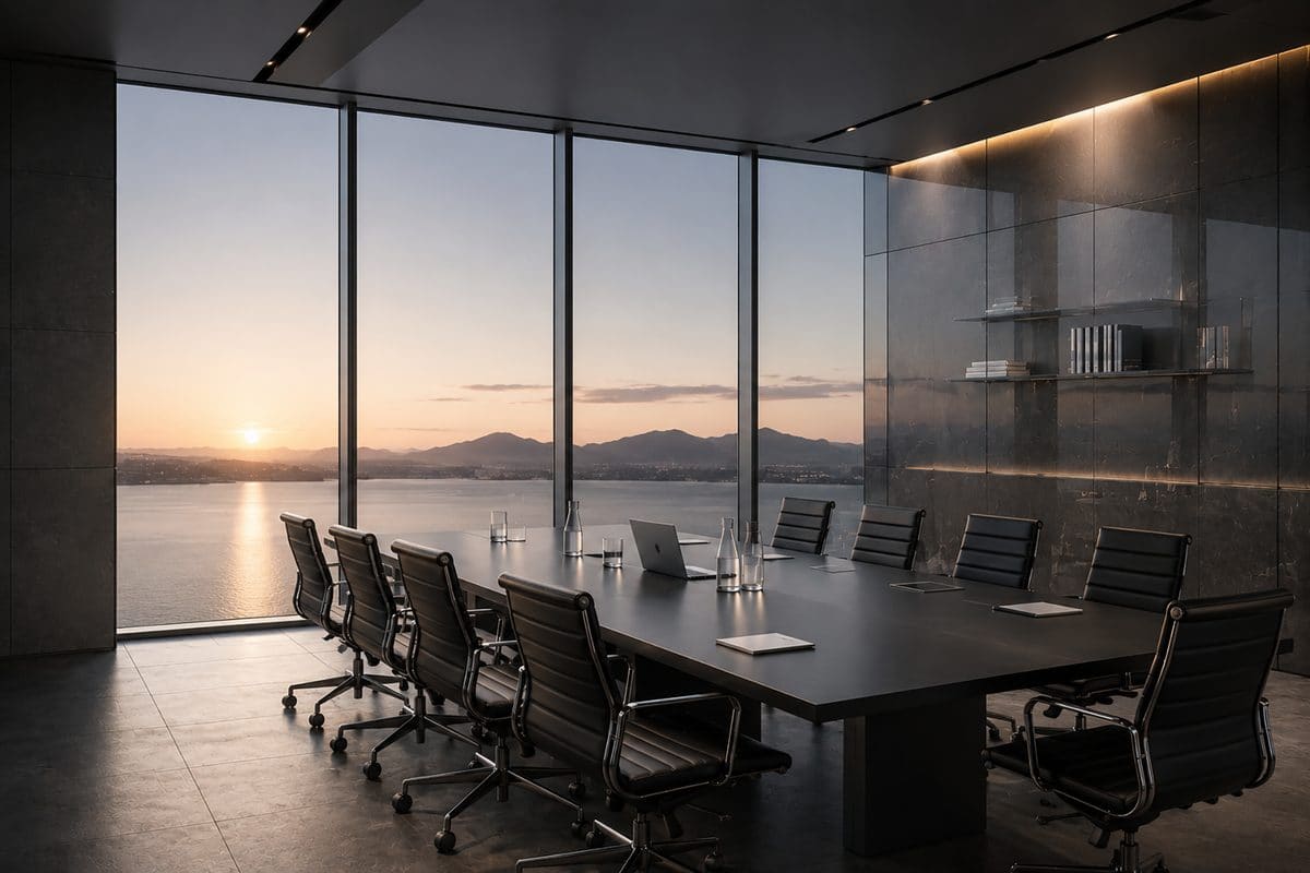 Konferenzraum mit Panoramafenstern und Blick über die Stadt bei Sonnenuntergang